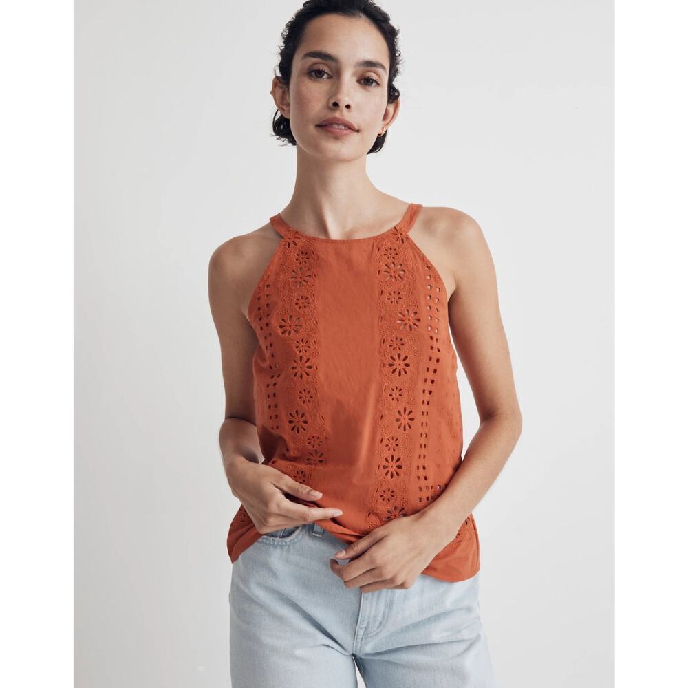 Madewell Eyelet A-Line Halter Tank Top in Copperwashed Orange XXS NWT